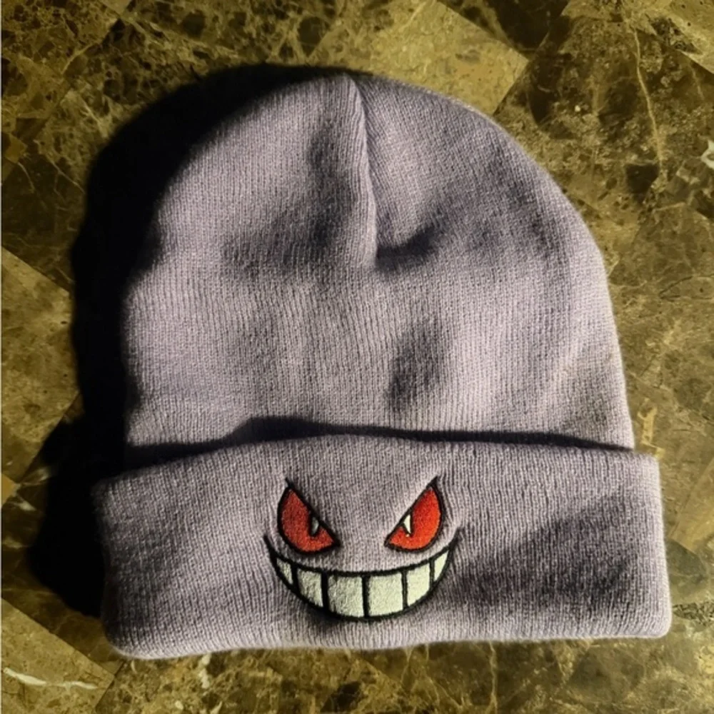 Purple Beanie with Embroidered Gengar Face Stocking Hat